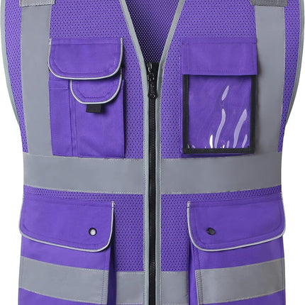 9 Pockets Class 2 High Visibility Zipper Front Safety Vest with Reflective Strips, Meets ANSI/ISEA Standards (Large, 150-Pink)