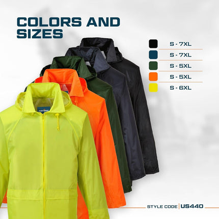 US440 Classic Waterproof Rain Jacket Wth Pack Away Hood & Sealed Seams, Black, Large