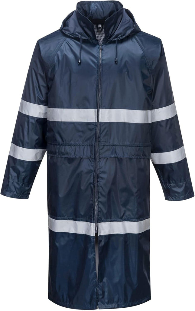 F438 Men'S Waterproof Raincoat - Reflective Long Rain Jacket with Hood and Pockets Navy