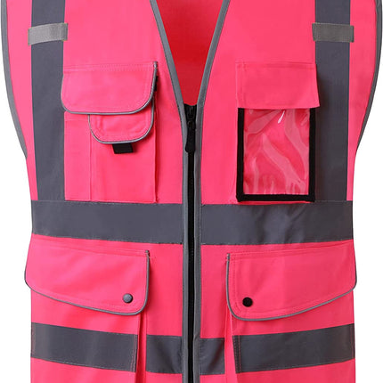 9 Pockets Class 2 High Visibility Zipper Front Safety Vest with Reflective Strips, Meets ANSI/ISEA Standards (Large, 150-Pink)