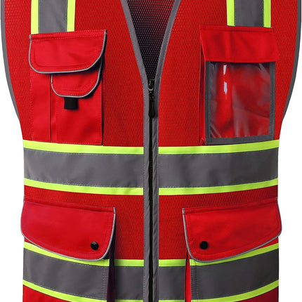 9 Pockets Class 2 High Visibility Zipper Front Safety Vest with Reflective Strips, Meets ANSI/ISEA Standards (Large, 150-Pink)