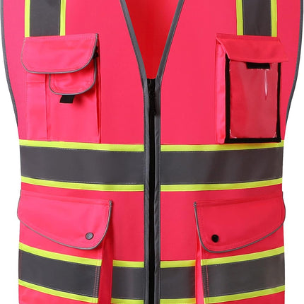 9 Pockets Class 2 High Visibility Zipper Front Safety Vest with Reflective Strips, Meets ANSI/ISEA Standards (Large, 150-Pink)